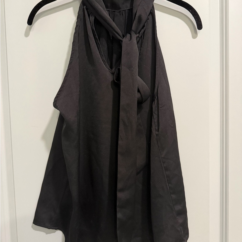Aqua Elegant Black Tie-Neck Blouse